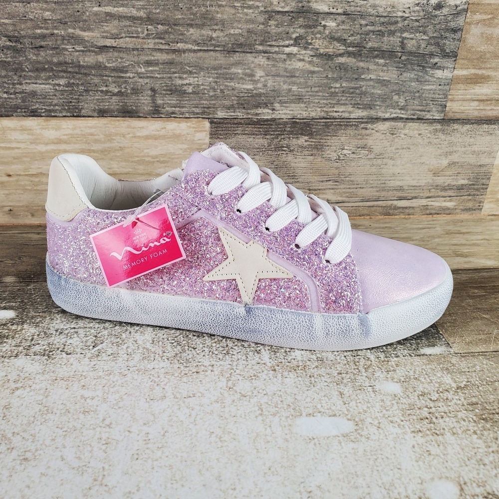 Nina Koryana Girls Shoes Sz 3 M Light Purple Glitter Side Zip Lace Up Sneakers